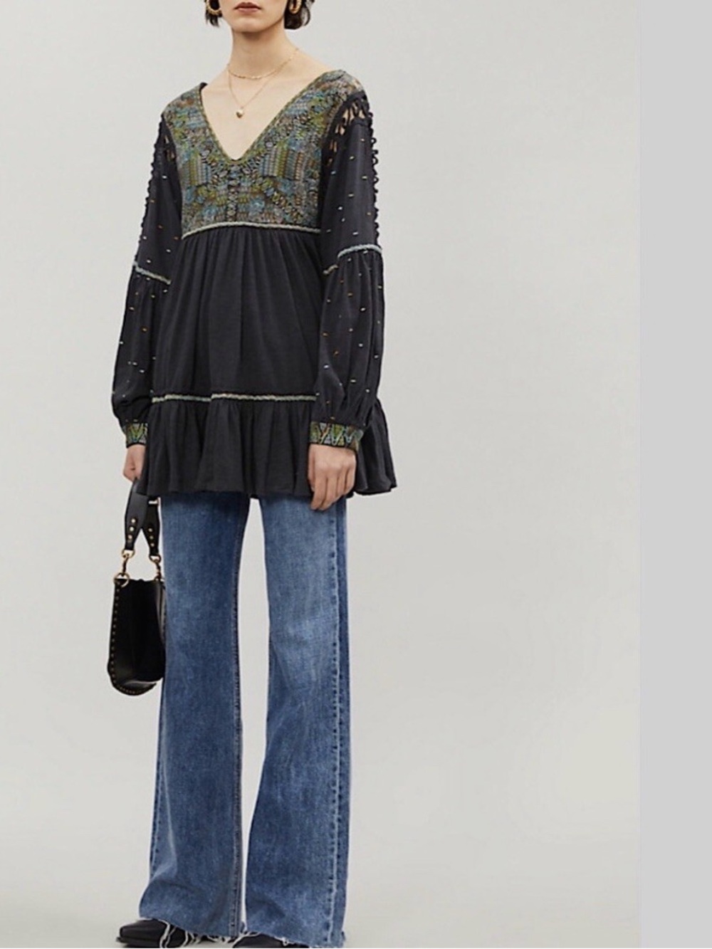Free People Black Embroidered Boho Tunic Mini Dress Sz S